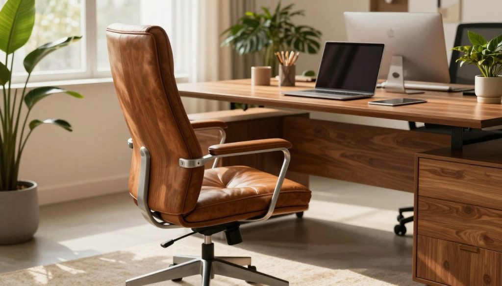 A stylish office workspace showcasing personalized Eames-style office chairs from Decomica.com. In the foreground, a sleek ergonomic chair with rich leather upholstery and elegant wooden accents, perfectly suited for a modern office. The middle ground features a wooden desk adorned with minimalistic stationery and a laptop, framed by lush green plants for a touch of nature. The background displays a bright and airy room with large windows allowing warm, soft lighting to fill the space, creating a welcoming atmosphere. The scene is captured from a slightly elevated angle, emphasizing the harmonious integration of the chair into a professional environment, exuding both comfort and sophistication.