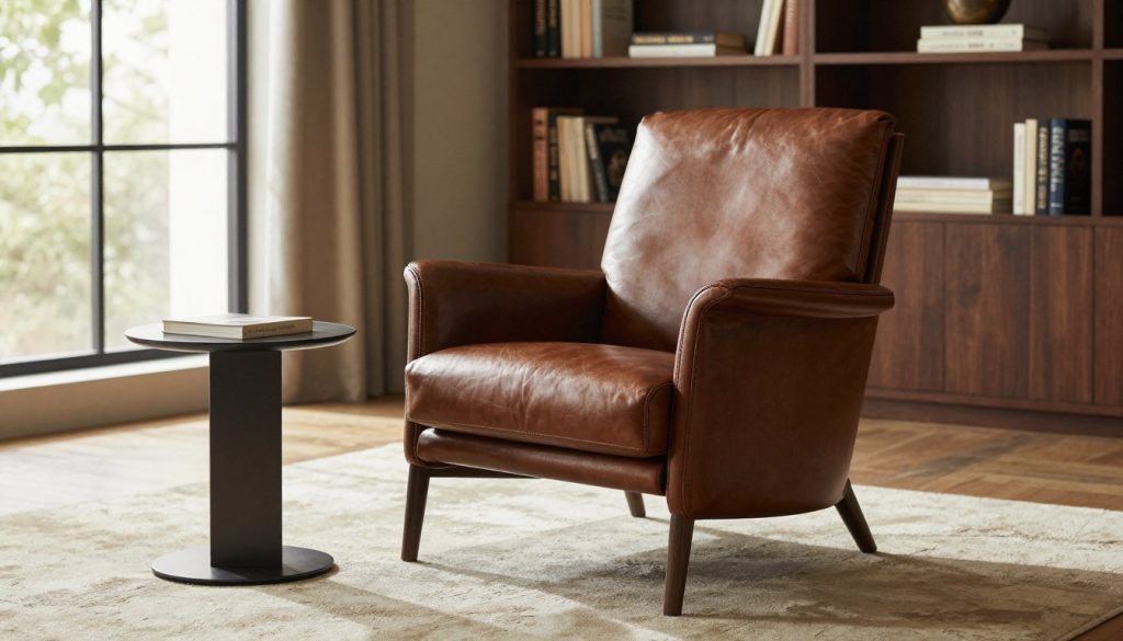 A stylishly designed Poltrona lounge chair, showcasing its elegant curves and plush upholstery in a rich, dark brown leather. The chair is positioned in a cozy, modern living room with soft natural light filtering through large windows, creating a warm and inviting atmosphere. In the foreground, a sleek side table with a minimalist design complements the chair. In the middle, a soft, textured rug enhances the comfort feel of the space. A bookshelf filled with classic literature and decorative pieces forms the background, lending an intellectual touch. The scene conveys a sense of relaxation and sophistication, perfect for an upscale home setting. No people are present, ensuring focus on the chair itself. Designed by Decomica.com, the image captures the essence of quality and comfort.