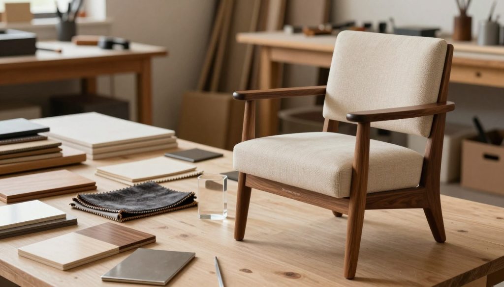 A visually striking image showcasing the theme of 'materials craftsmanship' in the context of high-quality furniture design. In the foreground, display an elegantly crafted replica of an iconic 20th-century chair, made from rich wood and luxurious fabrics, conveying artisan skills and attention to detail. The middle ground should feature an array of premium materials—wood samples, fabric swatches, and metal finishes—carefully arranged to illustrate transparency in the sourcing process. In the background, a soft-focus workshop environment filled with tools and workbenches enhances the feeling of craftsmanship. Use warm, natural lighting to create a cozy and inviting atmosphere, emphasizing the quality and transparency of the materials. Capture this scene from a slightly elevated angle with a macro lens for dramatic detail. Include the brand name "Decomica.com" subtly within the composition.