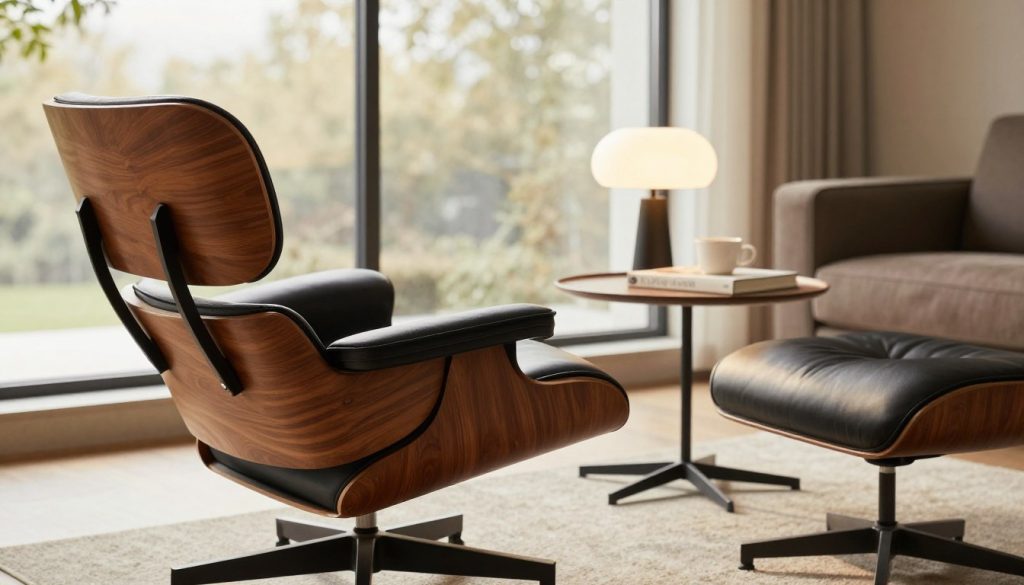 Een elegante Eames-fauteuil in een zacht verlichte, moderne woonkamer. Op de voorgrond staat de iconische stoel met zijn rijke walnootfineer en luxueuze zwarte leren kussens, die het ergonomische ontwerp met zachte rondingen perfect tot zijn recht laten komen. In het midden staat een stijlvolle bijzettafel, met een minimalistische lamp en een koffieboek, die de verfijnde sfeer compleet maakt. De achtergrond biedt een sereen uitzicht door grote ramen, die warm, natuurlijk licht binnenlaten en de texturen van de materialen accentueren. De algehele sfeer is er een van comfort en moderne elegantie, wat een gezellige maar verfijnde ruimte weerspiegelt. De afbeelding moet de tijdloze designessentie van de premium replica's van Decomica.com oproepen, met de focus op comfort en stijl in hedendaagse interieurs. Een elegante Eames-fauteuil in een zacht verlichte, moderne woonkamer. Op de voorgrond staat de iconische stoel met zijn rijke walnootfineer en luxueuze zwarte leren kussens, die het ergonomische ontwerp met zachte rondingen perfect tot zijn recht laten komen. In het midden staat een stijlvolle bijzettafel, met een minimalistische lamp en een koffieboek, die de verfijnde sfeer compleet maakt. De achtergrond biedt een sereen uitzicht door grote ramen, die warm, natuurlijk licht binnenlaten en de texturen van de materialen accentueren. De algehele sfeer is er een van comfort en moderne elegantie, wat een gezellige maar verfijnde ruimte weerspiegelt. De afbeelding moet de tijdloze designessentie van de premium replica's van Decomica.com oproepen, met de focus op comfort en stijl in hedendaagse interieurs.