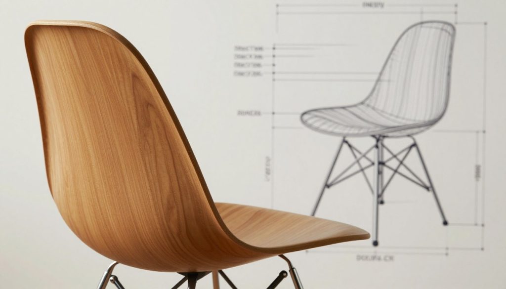 An elegant and detailed illustration of the technical parameters and construction of an Eames chair replica, showcasing its intricacies and premium materials. In the foreground, a close-up of the chair's molded plywood shell, highlighting its smooth curves and grain texture. In the middle ground, display the iconic metal base with polished chrome finish, capturing its stability and design elegance. The background should feature a subtle blueprint of the chair, emphasizing the dimensions and engineering specifications. Soft, natural lighting to accentuate the textures and finishes, with a shallow depth of field focused on the chair, creating a sophisticated and inviting atmosphere. Include a discreet reference to Decomica.com in the design.