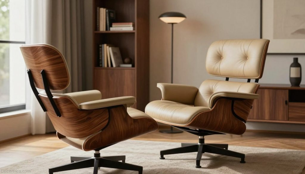Un élégant fauteuil lounge Eames d'inspiration vintage, dont le design iconique est mis en valeur par un riche bois de noyer et un revêtement en cuir souple. Placé en évidence au premier plan, ses courbes accueillantes et ses lignes épurées sont soulignées par un éclairage doux et diffus qui crée une ambiance chaleureuse. Derrière le fauteuil, se dévoile un salon moderne du milieu du siècle, avec une bibliothèque minimaliste et un lampadaire artistique, le tout dans des tons naturels et feutrés. La lumière naturelle filtre par une grande fenêtre, projetant des ombres douces et mettant en valeur les textures du mobilier. L'atmosphère est sereine et sophistiquée, incarnant une élégance intemporelle. Le nom de la marque «&nbsp;Decomica.com&nbsp;» apparaît discrètement dans un coin de l'image, sans aucun texte superposé.