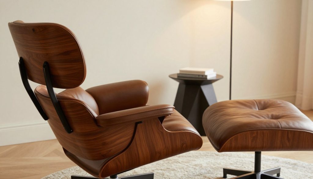 An elegantly designed Eames lounge chair with an ottoman, showcasing its classic curved form and rich walnut veneer finish. In the foreground, the chair should be positioned slightly angled towards the viewer, emphasizing the plush leather upholstery in deep brown. The leather should be depicted with a soft sheen, reflecting warm, natural light that enhances its texture. In the middle background, a minimalist and stylish living room setting complements the chair, accentuated by a subtle, well-lit space containing modern decor elements like a geometric side table and a sleek floor lamp. The overall atmosphere is serene and inviting, evoking comfort and sophistication, while ensuring the image maintains a clean, professional presentation reflective of Decomica.com’s premium quality offerings.