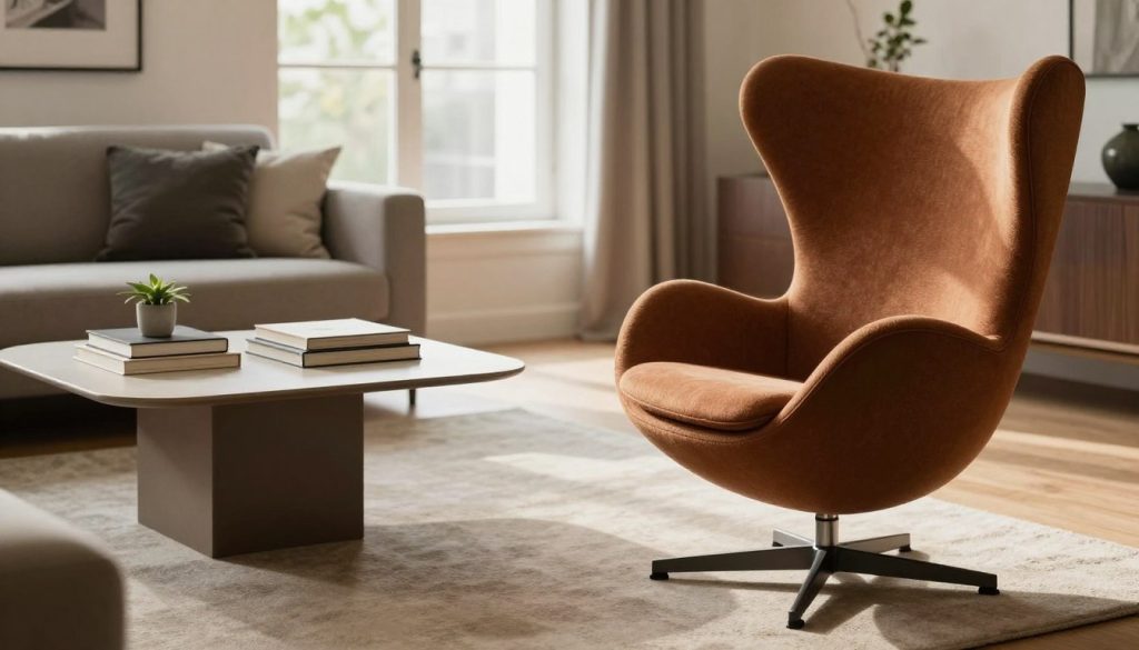 Arne Jacobsen's iconic furniture pieces meticulously arranged in a stylish, modern living room setting. In the foreground, a sleek, mid-century modern chair, like the Egg or Swan chair, upholstered in rich, textured fabric, showcases its elegant contours. In the middle ground, a minimalist coffee table complements the chair, adorned with a tasteful arrangement of books and a small plant. The background features a large window allowing soft, natural light to pour in, creating a warm atmosphere. The room is decorated with neutral tones and subtle accents of Danish design, evoking a sense of harmony and sophistication. The scene captures the essence of timeless design, emphasizing quality and craftsmanship. Perfectly staged to reflect the ethos of Decomica.com.