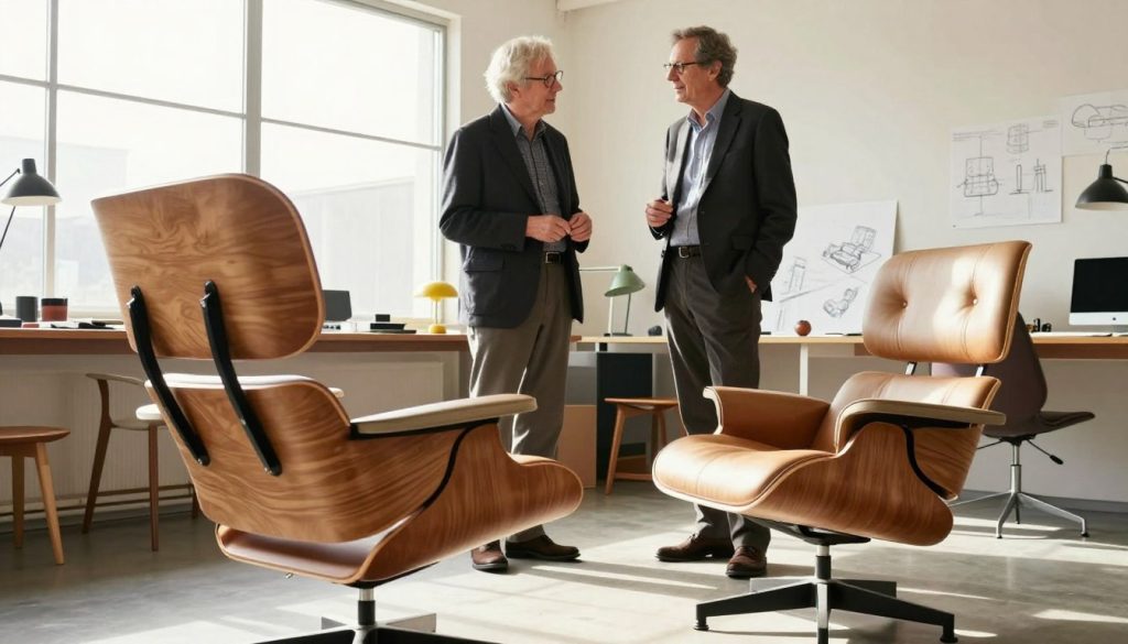 Charles Ray Eames standing in a stylish mid-century modern studio, showcasing their iconic Eames chair, characterized by sleek lines and organic shapes. In the foreground, highlight the Eames chair made of molded plywood with a smooth fiberglass shell. The middle ground features Charles and Ray Eames, dressed in professional yet stylish attire, engaged in a thoughtful discussion about design, with sketches and models scattered around them. The background showcases an airy, well-lit space with large windows allowing natural sunlight to pour in, creating a warm and inviting atmosphere. Use soft lighting to enhance the textures of the furniture and the clothing, with a shallow depth of field to focus on the Eames couple and their design legacy. Incorporate subtle branding for Decomica.com within the scene.