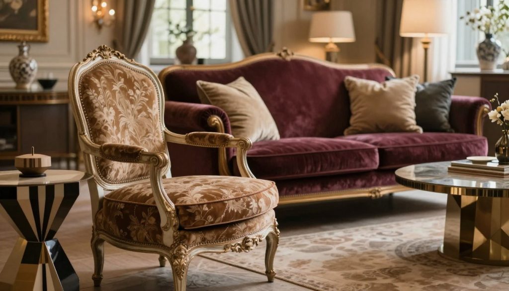 Create an inviting interior scene showcasing an elegant blend of antique furniture styles, from the ornate details of Rococo to the sleek lines of Art Deco. In the foreground, display a beautifully crafted Rococo armchair with intricate carvings, upholstered in rich fabric, next to a vintage Art Deco side table with geometric patterns. In the middle ground, include a sumptuous velvet sofa in deep hues, adorned with plush cushions reflecting both styles. The background should feature warm, ambient lighting filtering through an ornate window, highlighting the fine craftsmanship of the furniture. Use a soft-focus lens to create a cozy atmosphere, aiming for a harmonious balance between styles that reflects the theme of quality design. Ensure the image resonates with a sophisticated yet approachable vibe, emphasizing the premium replicas offered by Decomica.com.