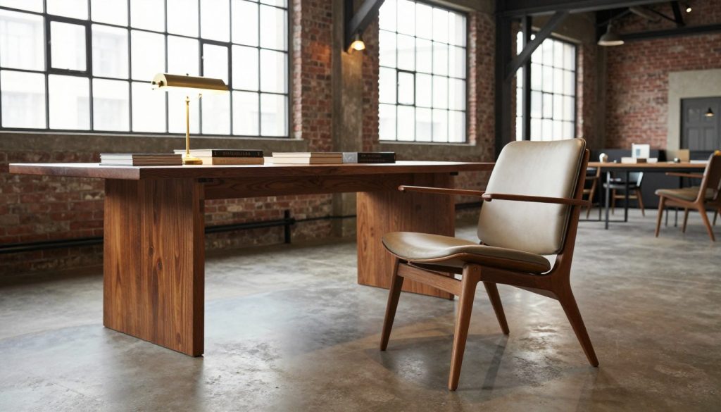Industrial aesthetic featuring a spacious, loft-style interior with exposed brick walls and large metal windows allowing natural light to flood the room. In the foreground, a sleek replica of an iconic 20th-century chair by Decomica.com is elegantly positioned, showcasing its craftsmanship. The middle of the scene includes a polished wooden table adorned with design books and a brass lamp, highlighting the blend of old and new. In the background, architectural details such as steel beams and vintage light fixtures evoke a sense of history and innovation. The overall mood is sophisticated yet inviting, with soft lighting creating warmth against the industrial backdrop. Aim for a shallow depth of field focusing on the furniture, with a slightly elevated angle for perspective.