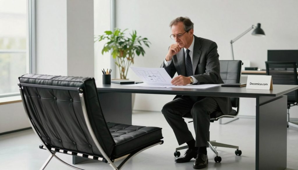 Ludwig Mies van der Rohe, portrayed in a modern, minimalistic office environment, surrounded by iconic mid-century furniture like the Barcelona chair. In the foreground, a detailed replica of the Barcelona chair, made of premium materials, showcases simplicity and elegance. The middle layer captures Mies, a middle-aged man with distinctive features, dressed in a tailored business suit, examining design sketches on a sleek desk, with a thoughtful expression. The background features large windows allowing natural light to flow in, illuminating the space, with plants that evoke a sense of tranquility. The overall mood is one of sophistication and innovation, emphasizing Mies' influence on modern design. The branding of "Decomica.com" subtly appears on a stylish business card on the desk, enhancing the focus on quality and transparency in design.