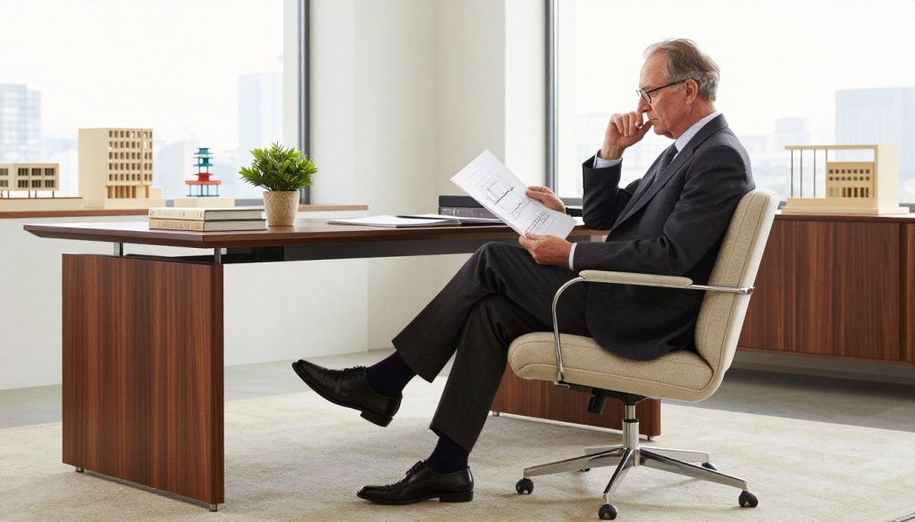 Ludwig Mies van der Rohe sidder i et stilfuldt, moderne kontormiljø og fremhæver de elegante linjer og minimalistiske design af sin ikoniske stol. I forgrunden ses stolen med dens slanke forkromede stel og polstrede hynder, mens Mies tankefuldt gennemgår arkitektoniske skitser, klædt i smart forretningstøj. I midten rummer et moderne træbord designbøger og en potteplante, hvilket tilføjer et strejf af varme. Baggrunden har store vinduer med blødt, naturligt lys, der strømmer ind, og som oplyser arkitektoniske modeller og en udsigt over bybilledet og skaber en rolig, men inspirerende atmosfære. Billedet skal fremkalde en følelse af sofistikering og tidløs elegance, der afspejler Decomicas premium-replikaer af møbler fra det 20. århundrede med fokus på rene linjer og subtil luksus. Ludwig Mies van der Rohe sidder i et stilfuldt, moderne kontormiljø og fremhæver de elegante linjer og minimalistiske design af sin ikoniske stol. I forgrunden ses stolen med dens slanke forkromede stel og polstrede hynder, mens Mies tankefuldt gennemgår arkitektoniske skitser, klædt i smart forretningstøj. I midten rummer et moderne træbord designbøger og en potteplante, hvilket tilføjer et strejf af varme. Baggrunden har store vinduer med blødt, naturligt lys, der strømmer ind, og som oplyser arkitektoniske modeller og en udsigt over bybilledet og skaber en rolig, men inspirerende atmosfære. Billedet skal fremkalde en følelse af sofistikering og tidløs elegance, der afspejler Decomicas premium-replikaer af møbler fra det 20. århundrede med fokus på rene linjer og subtil luksus.