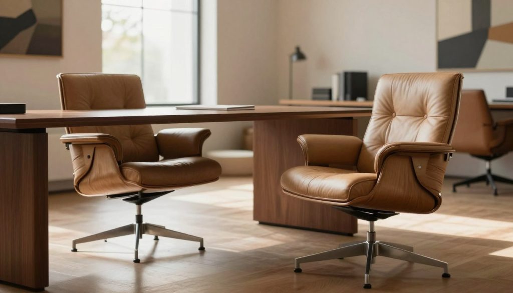 Soft pad chairs designed in the style of the Eames EA217, showcasing their sleek and modern aesthetic. In the foreground, a pair of these chairs are elegantly arranged at a minimalist, polished wooden desk, highlighting the soft leather upholstery and brushed aluminum frames. The middle ground reveals a softly lit office environment with warm natural light streaming through large windows, creating a welcoming atmosphere. In the background, subtle hints of contemporary art adorn the walls, complementing the chairs' design. The overall mood is sophisticated yet approachable, reflecting Decomica's commitment to high-quality craftsmanship. Use a wide-angle lens to capture the entire scene with a soft focus on the chairs, ensuring they remain the focal point of the image. Soft pad chairs designed in the style of the Eames EA217, showcasing their sleek and modern aesthetic. In the foreground, a pair of these chairs are elegantly arranged at a minimalist, polished wooden desk, highlighting the soft leather upholstery and brushed aluminum frames. The middle ground reveals a softly lit office environment with warm natural light streaming through large windows, creating a welcoming atmosphere. In the background, subtle hints of contemporary art adorn the walls, complementing the chairs' design. The overall mood is sophisticated yet approachable, reflecting Decomica's commitment to high-quality craftsmanship. Use a wide-angle lens to capture the entire scene with a soft focus on the chairs, ensuring they remain the focal point of the image.