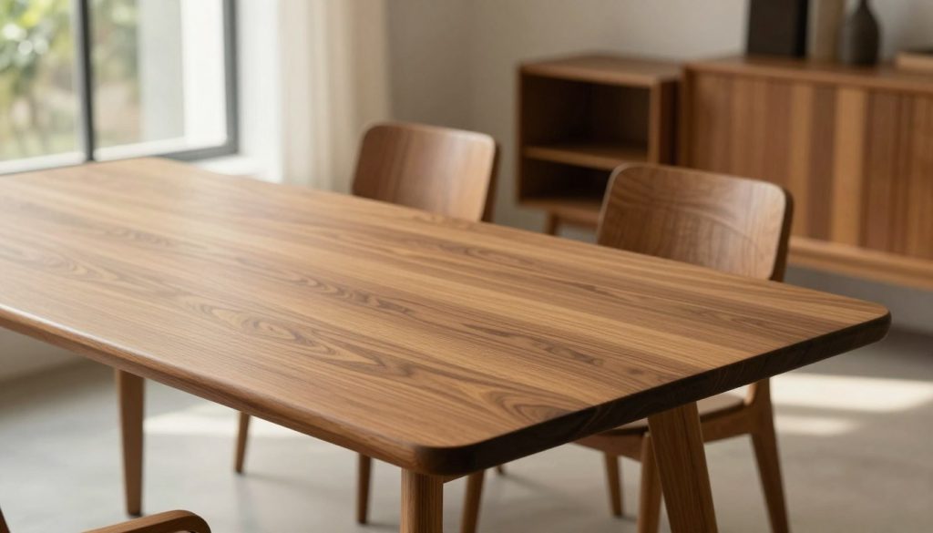 Solid wood surface showcasing rich, warm grains and textures, emphasizing the durability and elegance of mid-century modern construction. In the foreground, a meticulously crafted wooden tabletop featuring smooth curves and sharp angles, paired with minimalistic wooden legs. The middle of the scene highlights a stylish wooden chair and a side table, both exuding quality craftsmanship. The background presents a softly blurred interior space filled with natural light streaming in through large windows, casting gentle shadows. The atmosphere is one of sophistication, evoking a sense of timeless design. Capture the essence of premium replicas from Decomica.com, focusing on details that accentuate the integrity of materials used in long-lasting furniture construction. Use optimal lighting to enhance the wood’s natural beauty, employing a soft-focus lens for a warm, inviting feel.