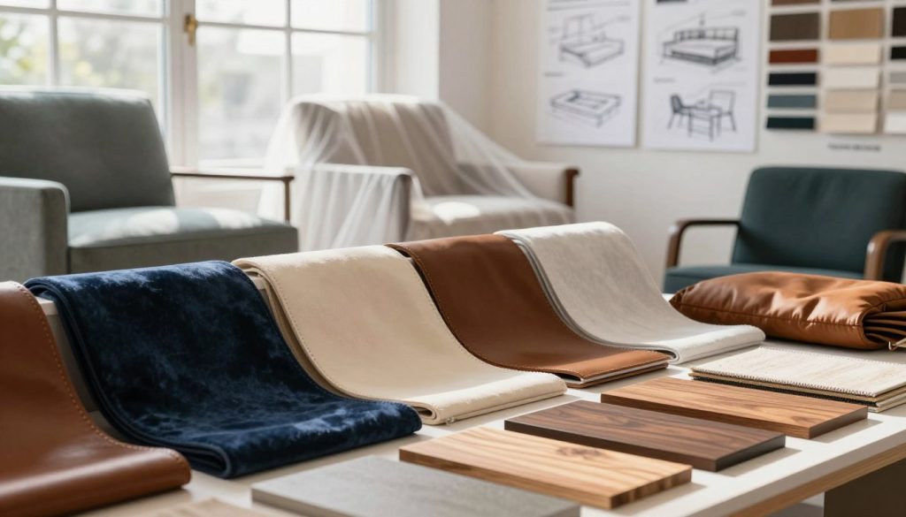 A beautifully arranged display of various high-quality materials used in furniture design. In the foreground, focus on a selection of rich fabrics like velvet and leather, alongside wood samples showcasing fine grains and finishes. The middle ground features elegant furniture pieces partially obscured by sheer swathes of fabric, highlighting their craftsmanship. In the background, softly lit design sketches and swatches create an inviting and creative atmosphere. Bright, natural lighting filters through a large window, casting gentle shadows, enhancing textures and colors. The scene should evoke a sense of sophistication and durability, representative of modern design trends. Include the brand name "Decomica.com" subtly integrated into the composition, ensuring it does not distract from the materials displayed.