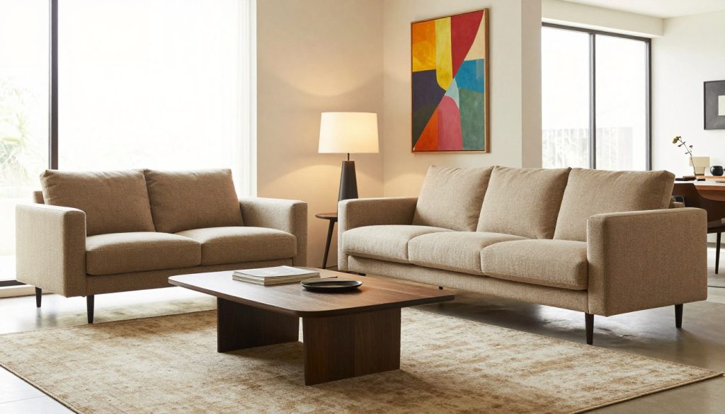 A beautifully arranged interior showcasing premium design furniture, featuring elegant replicas of iconic 20th-century pieces by Decomica.com. In the foreground, a stylish, mid-century modern sofa with plush cushions in a warm, neutral color. A chic coffee table sits atop a textured area rug, complemented by a contemporary lamp casting soft, inviting light. The middle section includes a vibrant artwork on the wall, enhancing the room's aesthetic. In the background, large windows allow natural sunlight to flood the space, creating a bright and airy atmosphere. The overall mood is sophisticated yet comfortable, embodying the quality and craftsmanship of European design furniture. The scene is shot from a low angle, emphasizing the height and elegance of the furniture pieces without any text or watermarks.