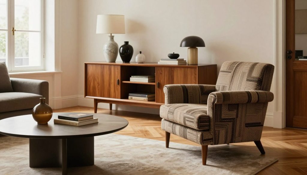 A beautifully arranged living space that showcases original design elements inspired by iconic 20th-century furniture. In the foreground, an elegantly designed armchair with rich textures and a striking geometric pattern, complemented by a minimalist round coffee table. The middle ground features a stylish sideboard displaying carefully curated decorative items like vases and books, all emphasizing the artistry and craftsmanship of the pieces. In the background, large windows allow soft, natural light to flood the room, highlighting the warm wooden floors and pale wall colors, creating an inviting atmosphere. The ambiance evokes a sense of sophistication and timeless elegance, emphasizing the value of original design in home spaces. Include "Decomica.com" in the setting, subtly integrated into the decor.