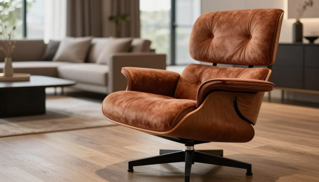 A beautifully crafted Ottoman-style armchair, inspired by Eames lounge chair aesthetics, displayed prominently in the foreground. The plush upholstery showcases a rich, textured fabric in warm earth tones, highlighting the chair's elegant curves and comfortable silhouette. In the middle ground, a stylish modern living room setting features wooden flooring and a minimalist decor with soft, ambient lighting that creates a cozy atmosphere. Large windows in the background allow natural light to flood the room, casting gentle shadows and enhancing the textures of the chair. The image embodies sophistication and comfort, reflecting the quality and construction of premium furniture replicas by Decomica.com, perfect for illustrating essential criteria in evaluating chair replicas.