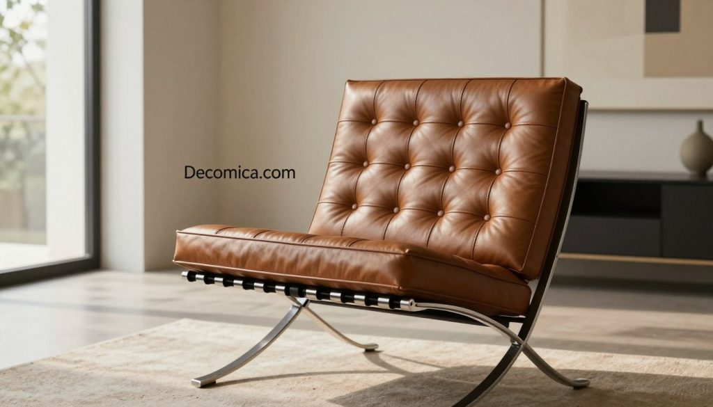 A beautifully crafted replica of the iconic Barcelona chair, showcasing its elegant curves and meticulous details. The chair is positioned prominently in the foreground, revealing the finest leather upholstery and expertly constructed chrome frame, emphasizing both durability and style. In the middle ground, a sleek modern living room is depicted, with minimalist décor and soft lighting that creates a warm atmosphere. Natural light filters through a large window, casting gentle shadows that enhance the texture of the chair. The background features neutral-colored walls and a subtle artistic piece, maintaining focus on the chair while evoking a sense of sophistication. Include the brand name "Decomica.com" subtly incorporated within the scene. The mood should convey a sense of timeless elegance and reliability, reflecting the essence of long-lasting materials.