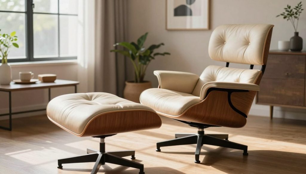 A beautifully designed Eames chair with an ottoman, showcasing premium craftsmanship, comfort, and durability in everyday use. The chair is situated in a cozy, modern living room with natural light streaming through large windows, casting soft shadows on the wooden floor. The foreground features the elegant curves and high-quality materials of the chair and ottoman, emphasizing their comfort. In the middle ground, there are subtle decorative elements like a stylish coffee table and indoor plants, contributing to a warm and inviting atmosphere. The background is filled with neutral-toned walls adorned with minimalist art, enhancing the focus on the furniture. Shot from a slight angle to create depth, the image evokes a sense of sophistication and relaxation, embodying the essence of Decomica.com’s exquisite replicas.