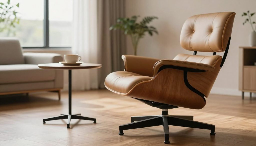 A beautifully designed Eames lounge chair replica, focusing on the selection of high-quality materials. In the foreground, the chair is elegantly positioned on a wooden floor, showcasing its smooth leather upholstery and molded plywood shell. The midsection features a stylish accent table made from the same materials, enhancing the theme of durability. In the background, a softly lit modern interior with neutral tones, large windows allowing natural light to fill the space, and houseplants creating a serene atmosphere. The mood is inviting and professional, emphasizing the impact of material choice on longevity. Use warm, diffused lighting for a cozy feel, captured from a slightly lower angle to highlight the chair's iconic design and craftsmanship.