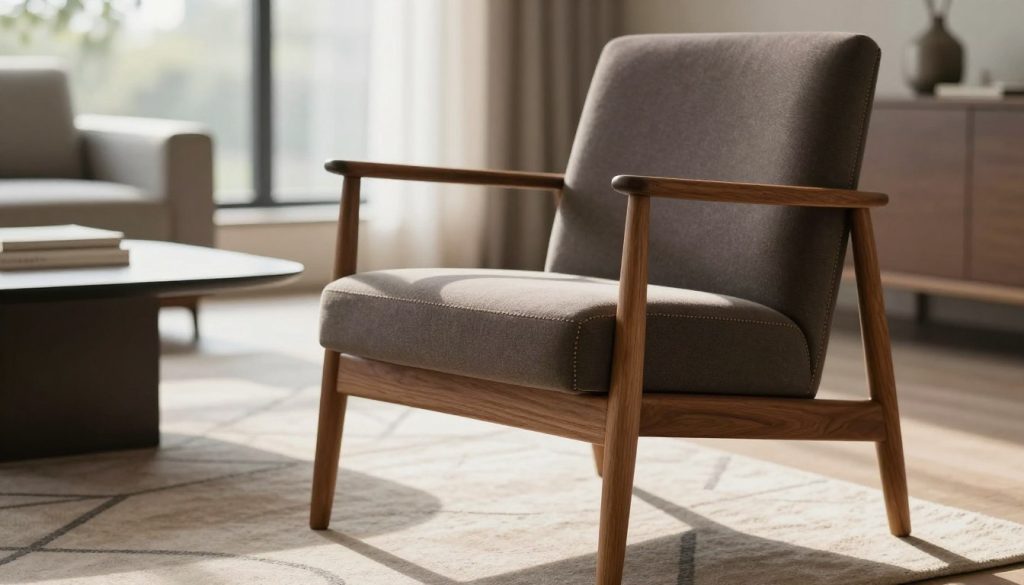 A beautifully designed mid-century modern chair, showcasing its clean lines and minimalist aesthetic. The chair features a sculpted wooden frame with tapered legs, upholstered in rich, muted fabric. In the foreground, the focus is on the chair, with intricate details of the stitching and grain of the wood visible. The middle ground includes a stylish mid-century modern living room setting with a geometric rug and a low coffee table, enhancing the chair's design. The background reveals a large window, allowing soft natural light to cascade in, casting gentle shadows that emphasize simplicity. The atmosphere is serene and sophisticated, evoking a sense of timeless elegance and comfort. Utilize a soft focus effect, with a shallow depth of field to highlight the chair and create a warm and inviting mood. A beautifully designed mid-century modern chair, showcasing its clean lines and minimalist aesthetic. The chair features a sculpted wooden frame with tapered legs, upholstered in rich, muted fabric. In the foreground, the focus is on the chair, with intricate details of the stitching and grain of the wood visible. The middle ground includes a stylish mid-century modern living room setting with a geometric rug and a low coffee table, enhancing the chair's design. The background reveals a large window, allowing soft natural light to cascade in, casting gentle shadows that emphasize simplicity. The atmosphere is serene and sophisticated, evoking a sense of timeless elegance and comfort. Utilize a soft focus effect, with a shallow depth of field to highlight the chair and create a warm and inviting mood.