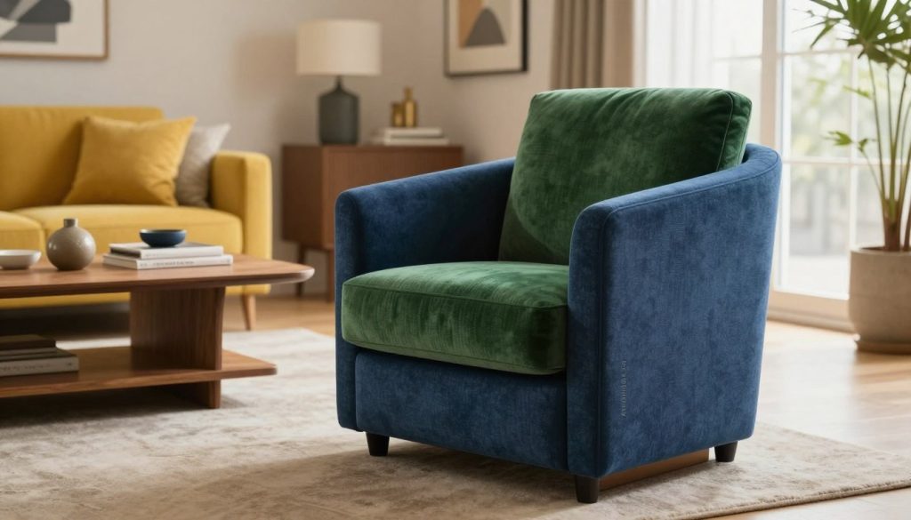 A beautifully designed, modern armchair featuring a variety of upholstery options in vibrant colors, including deep blues, rich greens, and warm yellows, set against a cozy, well-lit interior. The chair should be positioned prominently in the foreground, showcasing its stylish contours and exquisite fabric texture. The middle ground includes a sleek wooden coffee table with decorative items that complement the chair's colors. In the background, a tastefully decorated room with contemporary art on the walls and soft natural light streaming in from a large window creates an inviting atmosphere. The mood is warm and welcoming, evoking comfort and style. Include the brand name "Decomica.com" subtly in the scene. A beautifully designed, modern armchair featuring a variety of upholstery options in vibrant colors, including deep blues, rich greens, and warm yellows, set against a cozy, well-lit interior. The chair should be positioned prominently in the foreground, showcasing its stylish contours and exquisite fabric texture. The middle ground includes a sleek wooden coffee table with decorative items that complement the chair's colors. In the background, a tastefully decorated room with contemporary art on the walls and soft natural light streaming in from a large window creates an inviting atmosphere. The mood is warm and welcoming, evoking comfort and style. Include the brand name "Decomica.com" subtly in the scene.