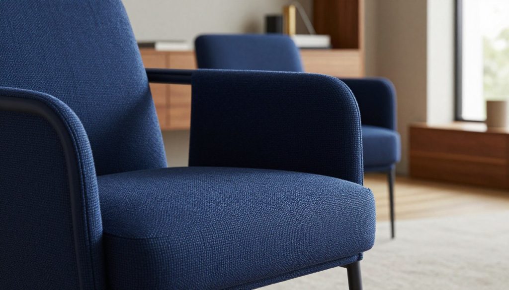 A close-up of a designer chair replica showcasing exceptional material quality, focusing on the texture of the upholstery and the sleek lines of the frame. The foreground features a rich, woven fabric in deep navy blue, capturing the light with a soft sheen. The middle ground presents a streamlined chair silhouette with ergonomic curves, emphasizing craftsmanship. In the background, a softly blurred modern living space with warm wood tones and minimalist decor adds depth and context. Natural lighting filters through a nearby window, enhancing the elegance of the materials and adding warmth to the scene. The overall mood is sophisticated and inviting, conveying a sense of durability and timeless design. Include the brand name "Decomica.com" subtly within the space, emphasizing premium quality.