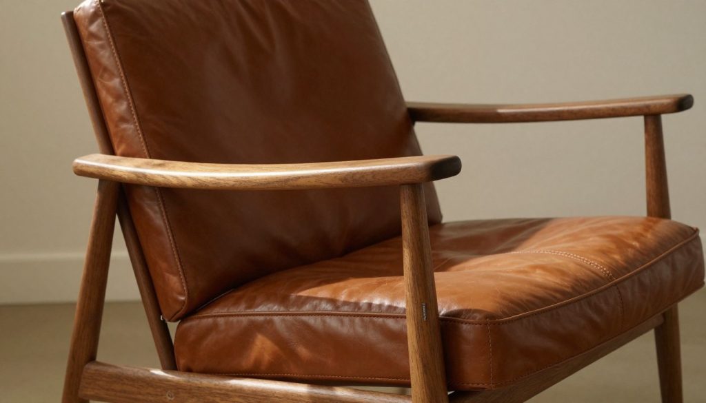 A close-up view of a mid-century modern armchair, beautifully upholstered in rich leather, contrasts with the natural wooden elements of the frame made from high-quality tikmedis wood. The chair is elegantly positioned in a stylish interior, showcasing the interplay of light and shadow across its smooth surfaces. Soft, diffused lighting bathes the scene, highlighting the chair's curves and textures against a warm, neutral background that complements the furniture's tone. The atmosphere exudes sophistication and comfort, perfect for a contemporary living space. A subtle brand logo "Decomica.com" is visible on a small tag affixed to the chair, emphasizing quality craftsmanship and design. The camera angle is slightly tilted upward, creating a dynamic perspective that draws the viewer's attention to the chair’s intricate details.