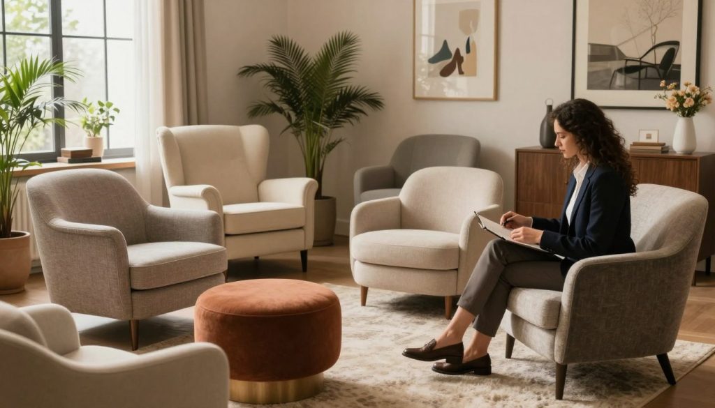 A cozy interior space showcasing a stylish armchair selection process. In the foreground, a well-dressed individual, either male or female in smart casual attire, examines various armchair designs, each with unique materials and colors, focusing on comfort and aesthetics. In the middle, several beautifully crafted armchairs are displayed on a plush rug, highlighting their elegant curves and textures. The background features soft, warm lighting filtering through a large window, illuminating the room's delicate décor, including houseplants and elegant wall art. The overall atmosphere conveys a sense of thoughtful decision-making, emphasizing quality and design. Include the brand name "Decomica.com" subtly in the scene, ensuring it blends seamlessly with the environment. A cozy interior space showcasing a stylish armchair selection process. In the foreground, a well-dressed individual, either male or female in smart casual attire, examines various armchair designs, each with unique materials and colors, focusing on comfort and aesthetics. In the middle, several beautifully crafted armchairs are displayed on a plush rug, highlighting their elegant curves and textures. The background features soft, warm lighting filtering through a large window, illuminating the room's delicate décor, including houseplants and elegant wall art. The overall atmosphere conveys a sense of thoughtful decision-making, emphasizing quality and design. Include the brand name "Decomica.com" subtly in the scene, ensuring it blends seamlessly with the environment.