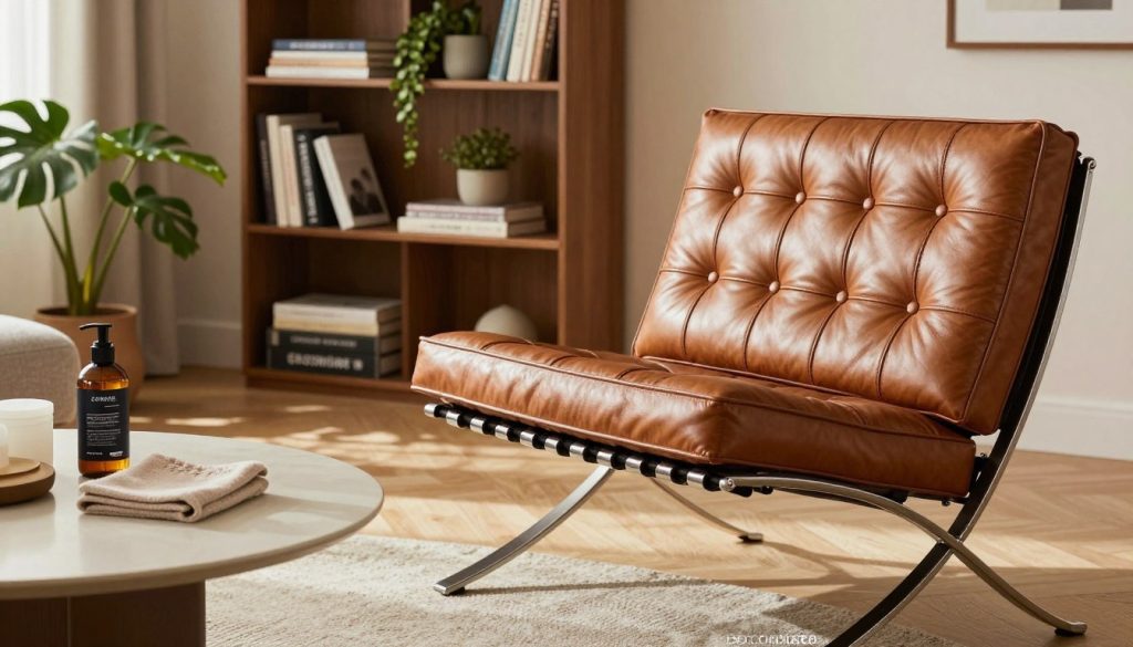 A cozy, well-lit living space featuring the iconic Barcelona chair, showcasing its elegant design and structure. In the foreground, focus on a well-maintained Barcelona chair with soft, rich leather upholstery, reflecting warm, natural light. The middle ground includes a modern coffee table adorned with care products for furniture maintenance, such as a bottle of leather conditioner and a soft cloth. In the background, a stylish bookshelf filled with design books and potted plants provides a calming ambiance. The overall atmosphere is one of sophistication and comfort, emphasizing durability and long-term care. The scene is shot with a wide-angle lens to capture the entire arrangement, promoting a serene and inviting mood. Include the brand name "Decomica.com" subtly integrated into the image.