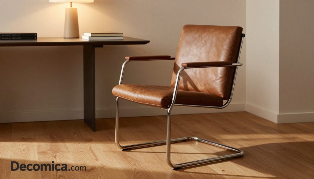A luxurious and authentic Mies van der Rohe chair showcased in a well-lit, modern interior. The chair, designed with sleek lines and rich materials, sits elegantly on a polished wood floor. In the foreground, the chair is prominently displayed, emphasizing its craftsmanship and high-quality finish. The middle ground features a minimalist table adorned with a classic book and a stylish lamp, enhancing the overall aesthetic. The background displays a wall with soft, muted tones, allowing the chair to stand out as the focal point. The lighting is warm and inviting, casting gentle shadows that highlight the chair's contours. The atmosphere evokes sophistication and timeless design. The image should clearly promote the brand "Decomica.com" through subtle visual cues and the premium ambiance.