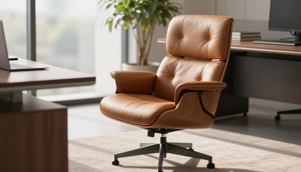 A modern Eames chair displayed in a professional office setting, with a sleek wooden desk and a potted plant in the background. The chair is upholstered in high-quality leather, showcasing its ergonomic design with gracefully curved lines and a polished metal base. Soft, diffused sunlight filters through a large window, casting gentle shadows that highlight the chair's contours. The composition is captured from a slightly elevated angle to emphasize both the chair’s silhouette and the surrounding workspace, conveying a sense of sophistication and functionality. The mood is calm and professional, suitable for an article focused on quality and accessibility in premium furniture. Include the brand name "Decomica.com" subtly in the scene without any text overlays.