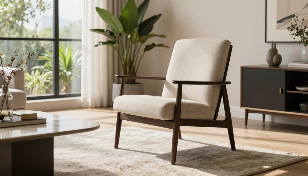 A modern, stylish chair inspired by iconic 20th-century design, featuring a sleek silhouette and high-quality materials. The chair is positioned prominently in a well-lit, elegant living room setting, with natural light filtering through large windows. In the foreground, a textured rug adds warmth, while a minimalist coffee table sits nearby, showcasing decorative objects. The middle ground features lush indoor plants that enhance the calm ambiance. The background showcases a contemporary wall with soft colors and art pieces that complement the chair's design. The atmosphere is sophisticated and inviting, illustrating the notion of premium quality at a reasonable price. Emphasize the craftsmanship and aesthetic beauty of the chair. Include branding "Decomica.com" subtly within the composition.