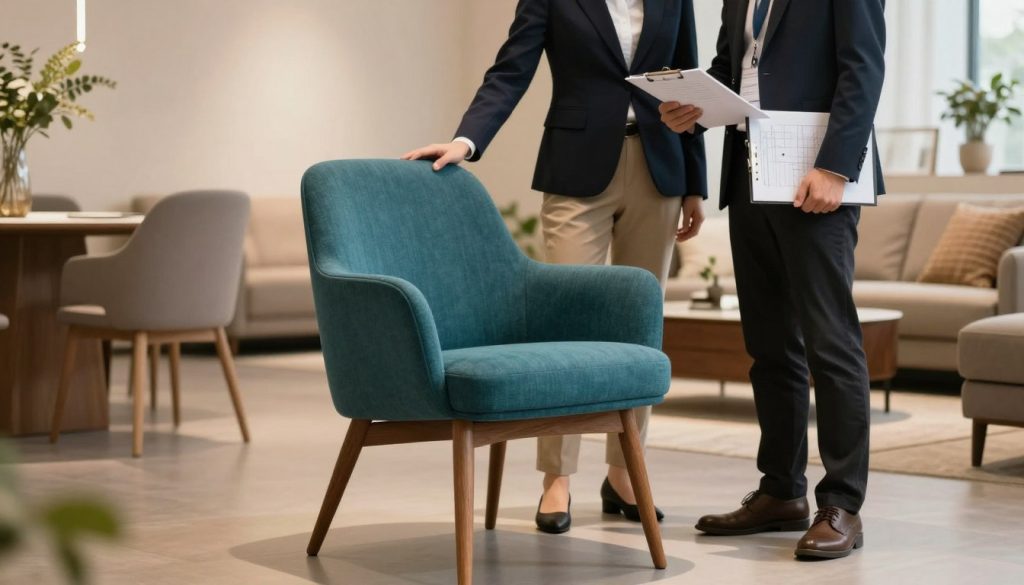 A sleek, mid-century modern chair takes center stage in a warm, inviting showroom. The foreground features the chair upholstered in a rich teal fabric, showcasing its elegant lines and tapered wooden legs. In the middle ground, a professional, well-dressed individual inspects the chair, highlighting a focus on customer service and quality assurance. The person exudes a friendly demeanor, wearing smart business attire, and holding a clipboard with design notes. In the background, soft ambient lighting illuminates minimalist decor, with curated furniture pieces and plants creating a harmonious atmosphere. The overall mood conveys confidence in craftsmanship and a commitment to quality, inviting potential customers to explore the design and construction of modern furniture. A sleek, mid-century modern chair takes center stage in a warm, inviting showroom. The foreground features the chair upholstered in a rich teal fabric, showcasing its elegant lines and tapered wooden legs. In the middle ground, a professional, well-dressed individual inspects the chair, highlighting a focus on customer service and quality assurance. The person exudes a friendly demeanor, wearing smart business attire, and holding a clipboard with design notes. In the background, soft ambient lighting illuminates minimalist decor, with curated furniture pieces and plants creating a harmonious atmosphere. The overall mood conveys confidence in craftsmanship and a commitment to quality, inviting potential customers to explore the design and construction of modern furniture.