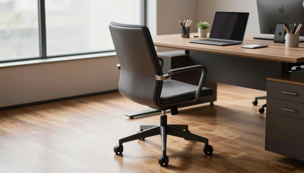 A sleek, modern office space featuring a stylish Eames office chair, highlighting its premium design and craftsmanship. In the foreground, the chair is positioned on a polished wooden floor, with a soft light reflecting off its smooth surface. In the middle, a well-organized desk with minimalistic stationery and a laptop suggests an efficient workspace. The background should showcase a large window letting in natural light, complementing the contemporary decor of the room. The atmosphere is calm and professional, ideal for productivity. Include subtle branding elements of "Decomica.com" within the environment, ensuring it blends seamlessly into the overall design. Capture the scene with a slightly elevated angle to emphasize the chair and workspace, creating a warm and inviting mood.