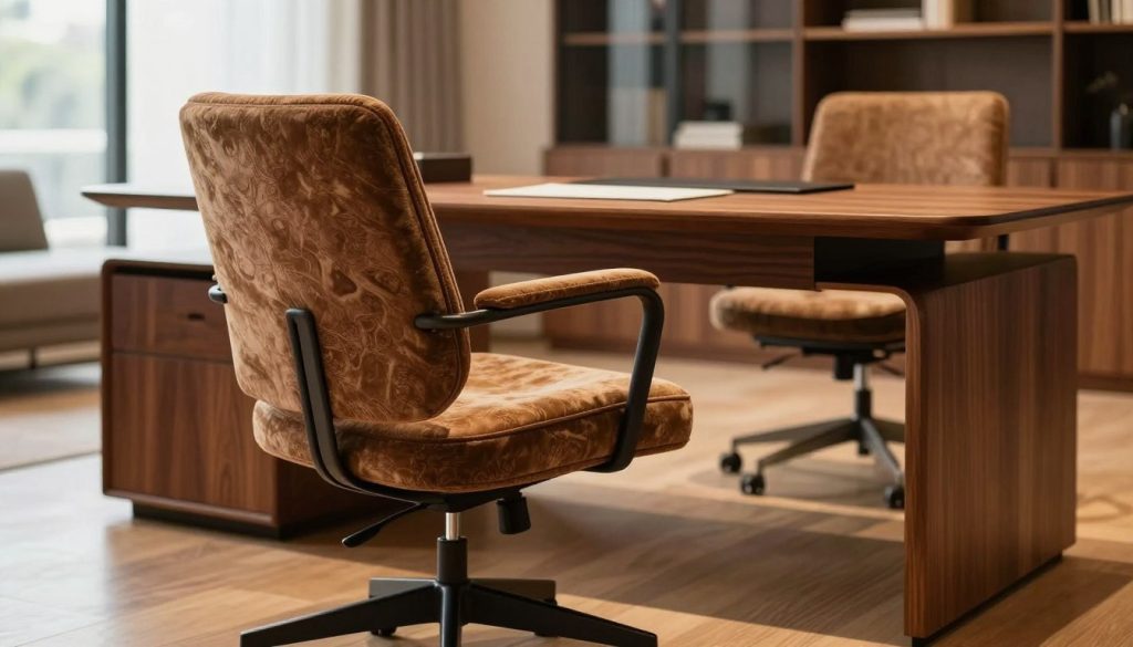 A sophisticated depiction of high-quality materials used in furniture design. In the foreground, emphasize a luxurious Eames-style office chair with rich, textured upholstery, showcasing its craftsmanship. The chair should be positioned on a polished wooden floor, reflecting light. In the middle ground, place an elegant wooden desk featuring sleek lines and organic shapes, accentuating the chair's design. In the background, softly blurred, include a stylish contemporary office setting with large windows allowing natural light to illuminate the scene, creating a warm and inviting atmosphere. Use a shallow depth of field to draw focus on the chair and desk. This image captures the essence of durability and elegance, emphasizing Decomica.com’s commitment to premium replicas of iconic 20th-century furniture.