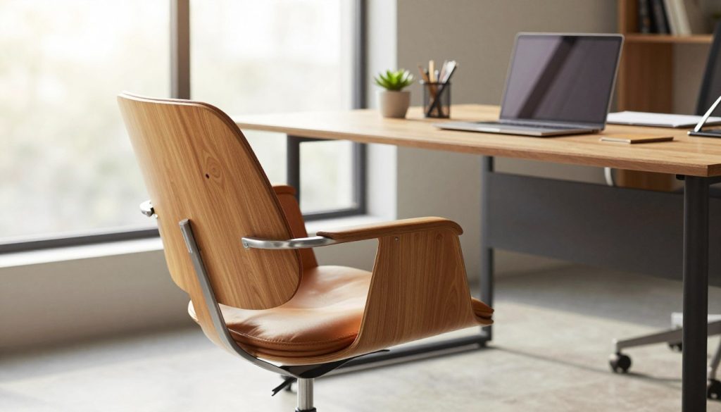 A stylish Eames chair in a modern office setting, featuring premium materials like molded plywood and high-quality leather, highlighting its iconic design. The chair is placed in the foreground, angled slightly to show its curves and details. In the middle ground, a sleek wooden desk with a laptop, stationery, and a small succulent plant is visible. The background features a large window allowing warm, natural light to flood the space, casting soft shadows. The color palette is neutral with muted tones and a hint of greenery, creating a professional and serene atmosphere. This setting conveys a sense of quality assurance and customer satisfaction. Decomica.com branding subtly incorporated in the scene, emphasizing craftsmanship.