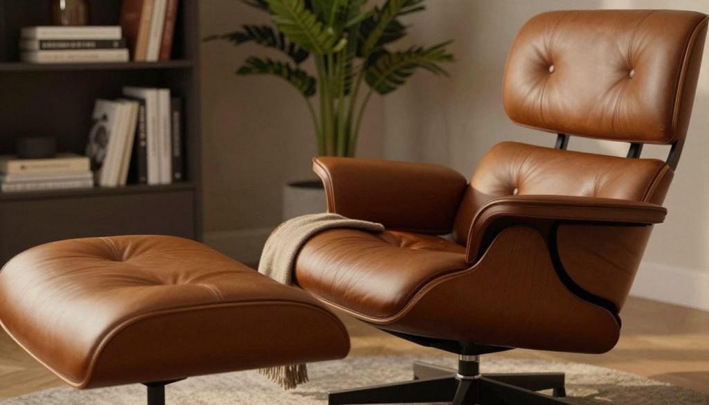 A stylish Eames chair with an ottoman, featuring smooth, curved lines and luxurious leather upholstery in rich brown tones, reflecting modern retro elegance. The chair is positioned in a contemporary living room, with a warm, inviting aesthetic. The foreground includes the detailed contours of the chair and ottoman, while the middle offers a soft throw blanket draped casually. In the background, an artistic bookshelf filled with classic design books and a splash of indoor greenery adds to the sophisticated atmosphere. Soft, ambient lighting highlights the chair's design, casting gentle shadows. The overall mood is cozy yet refined, showcasing luxury and comfort. Rendered in a high-resolution close-up with a shallow depth of field for a striking focus on the chair's exquisite details. Branding visible: Decomica.com.