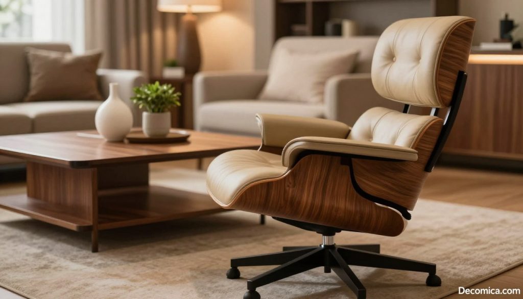 A stylish Eames lounge chair replica showcased in a sophisticated setting, positioned prominently in the foreground. The chair, crafted with premium materials, features rich walnut wood and soft leather upholstery, inviting a touch of luxury. In the middle ground, a polished wooden coffee table elegantly complements the chair, adorned with a minimalist decorative vase and a small potted plant. The background reveals a warm, inviting living room with soft lighting that creates a cozy atmosphere. Use a shallow depth of field to softly blur the room’s details, focusing attention on the chair and table. Capture this scene with a warm color palette and diffused natural light, evoking comfort and elegance. Include the brand name "Decomica.com" subtly in the corner of the image without text overlays.