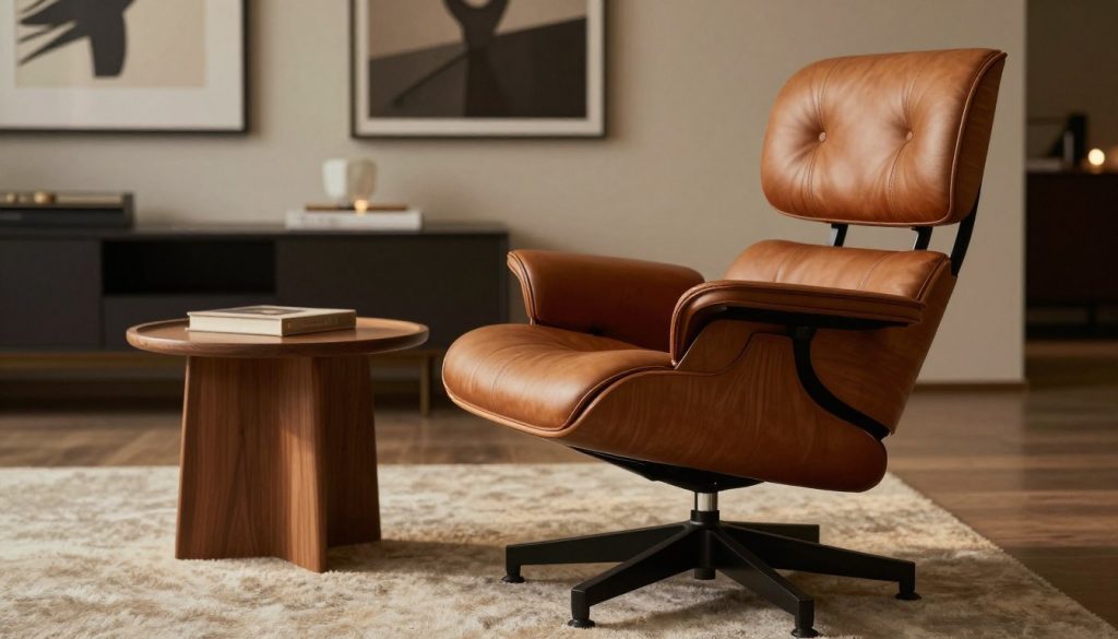 A stylish living room showcasing a high-quality Eames chair replica by Decomica.com. In the foreground, a sleek and modern Eames chair with smooth, curved lines and rich leather upholstery sits prominently, highlighting the meticulous craftsmanship. The middle ground features a minimalist wooden side table and a plush rug that complements the chair’s design, inviting viewers to appreciate the balance of form and function. The background is softly blurred, revealing a tastefully decorated wall with understated art pieces and soft, ambient lighting that casts a warm glow across the scene, enhancing the mood of sophistication and comfort. The composition captures the essence of modern furniture design, with a focus on quality and elegance.