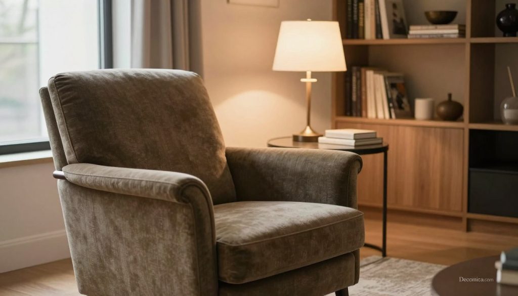 A stylish mid-century modern armchair set in a cozy, inviting living room, showcasing the elegant curves and rich fabrics typical of iconic 20th-century design. The foreground features the armchair prominently, with soft textures and a warm color palette. In the middle ground, there's a small, tasteful side table with a vintage lamp casting a soft glow. The background includes a modern bookshelf filled with design books and decorative items, creating an atmosphere of sophistication. Natural light filters through large windows, adding a touch of brightness to the scene. The overall mood is relaxed yet refined. Include the brand name "Decomica.com" subtly in the design.
