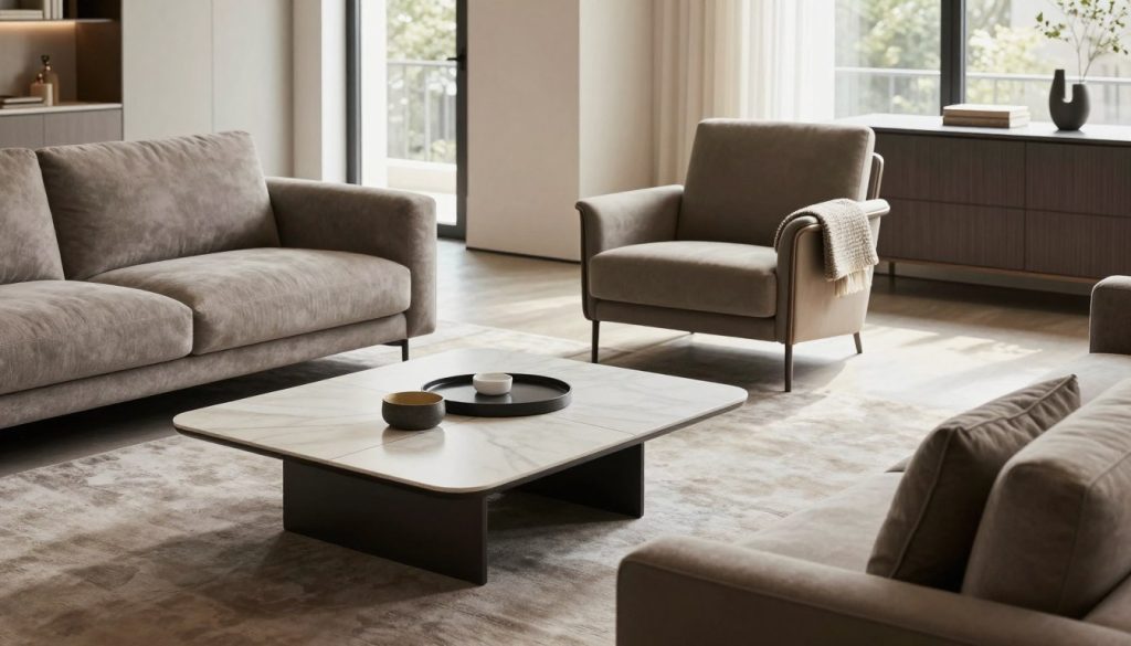 A stylish modern living room showcasing premium 20th-century furniture from Decomica.com, featuring sleek lines and elegant curves. In the foreground, a minimalist coffee table with a striking geometric design complemented by plush seating in muted tones. The middle ground displays a stunning statement armchair, crafted with high-quality materials, adorned with a textured throw. In the background, large windows allow natural light to flood the space, highlighting the harmonious blend of contemporary design and functional simplicity. The room's atmosphere is warm and inviting, with soft shadows accentuating the furniture's contours. The perspective is slightly elevated, capturing the essence of an elegant yet functional home environment, reflecting the themes of modern design and practicality.