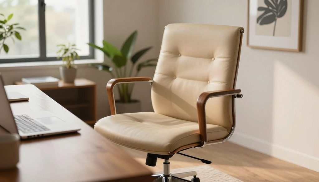 A stylish replica of an Eames office chair prominently sits in a modern workspace, showcasing a sleek design with a curved, molded seat in a warm, inviting beige color. The chair features polished wooden armrests and a smooth chrome base, expertly reflecting light. In the foreground, a polished wooden desk is visible, covered with minimalist stationery and a laptop, suggesting an organized environment. In the background, large windows allow natural light to flood the room, illuminating indoor plants and neutral-toned wall art. The scene conveys a professional yet relaxed atmosphere, perfect for productivity and comfort, captured from a slight angle to highlight the chair's design and the overall decor. The lighting is soft and warm, creating a welcoming mood.