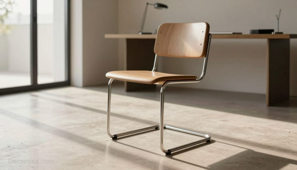 Illustrate the intricate subtleties of construction with a focus on Mies van der Rohe's iconic chair, emphasizing its elegant lines and premium quality. In the foreground, display a close-up of the chair's frame, showcasing the meticulous craftsmanship and attention to detail. The middle ground should feature the chair set within a minimalistic, modern interior that reflects a sophisticated atmosphere. In the background, include elements of a sleek, organized workspace with soft, diffused natural light streaming in from large windows, casting gentle shadows. Use a wide-angle lens effect to capture the overall essence of elegance and quality. Ensure the colors are warm yet understated, evoking a sense of timeless design. Incorporate the brand name "Decomica.com" subtly within the context of the space.