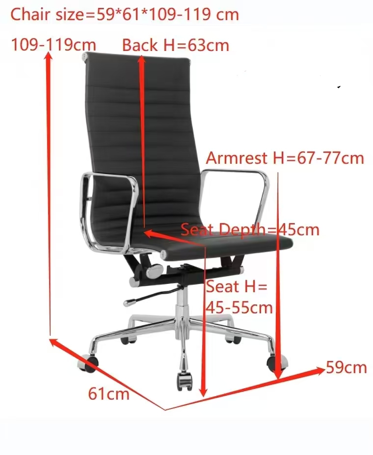 Afmetingen diagram van de Eames EA119 bureaustoel – hoge rugleuning met ribbels, 59 x 61 x 109-119 cm