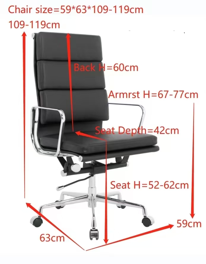 Eames soft pad stol replika EA219 måldiagram – høj ryg, 59 x 63 x 109-119 cm