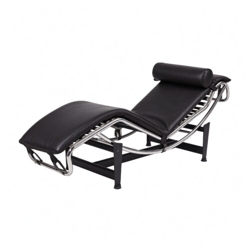 Le Corbusier LC4 chaise longue replica in black leather – three-quarter view