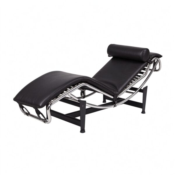 Le Corbusier LC4 chaise longue replica in black leather – three-quarter view