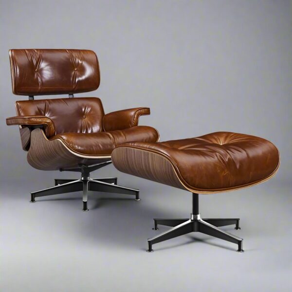 Tall Eames lounge chair replica in waxy brown leather and walnut with matching ottoman