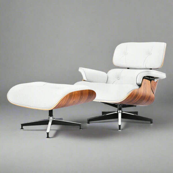Tall eames lounge chair white rosewood and ottoman replica – front view