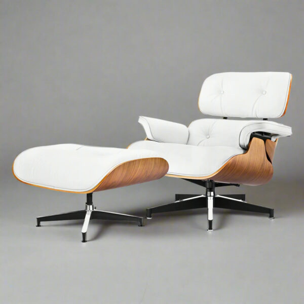 Tall eames lounge chair white walnut and ottoman replica – front view